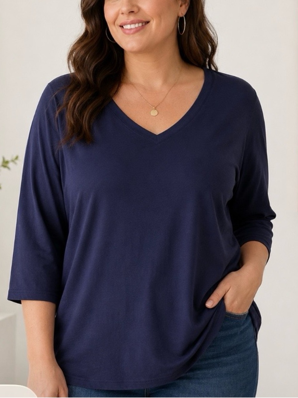 Ficerd Navy Blue V Neck Tunic Top 3/4     Sleeve Stretch Casual Tunic Shirt